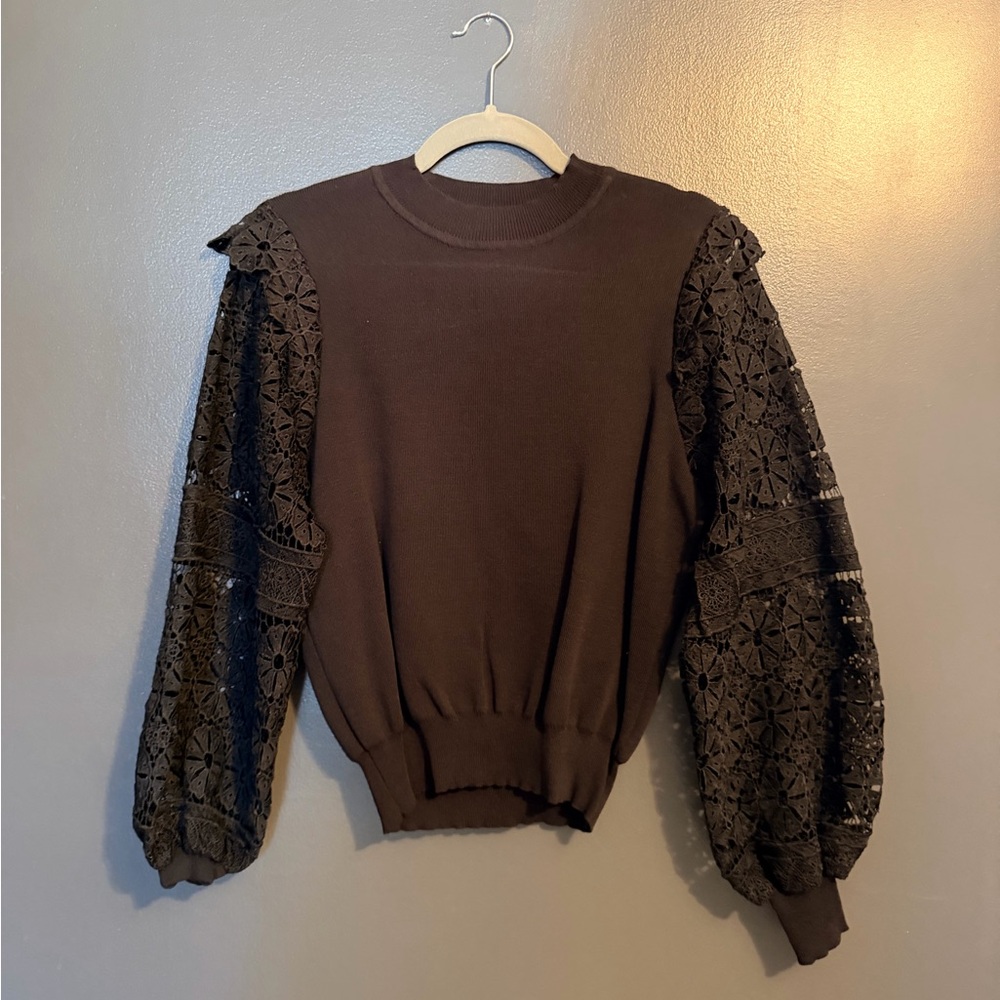 Brown Sweater with Lace Sleeves